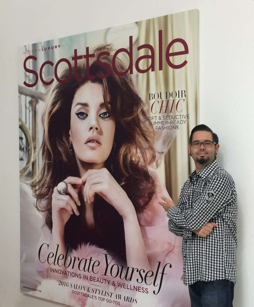 XL Canvas of Scottsdale magazine cover with Mike Goldner standing next to it for AHD giclee printing blog